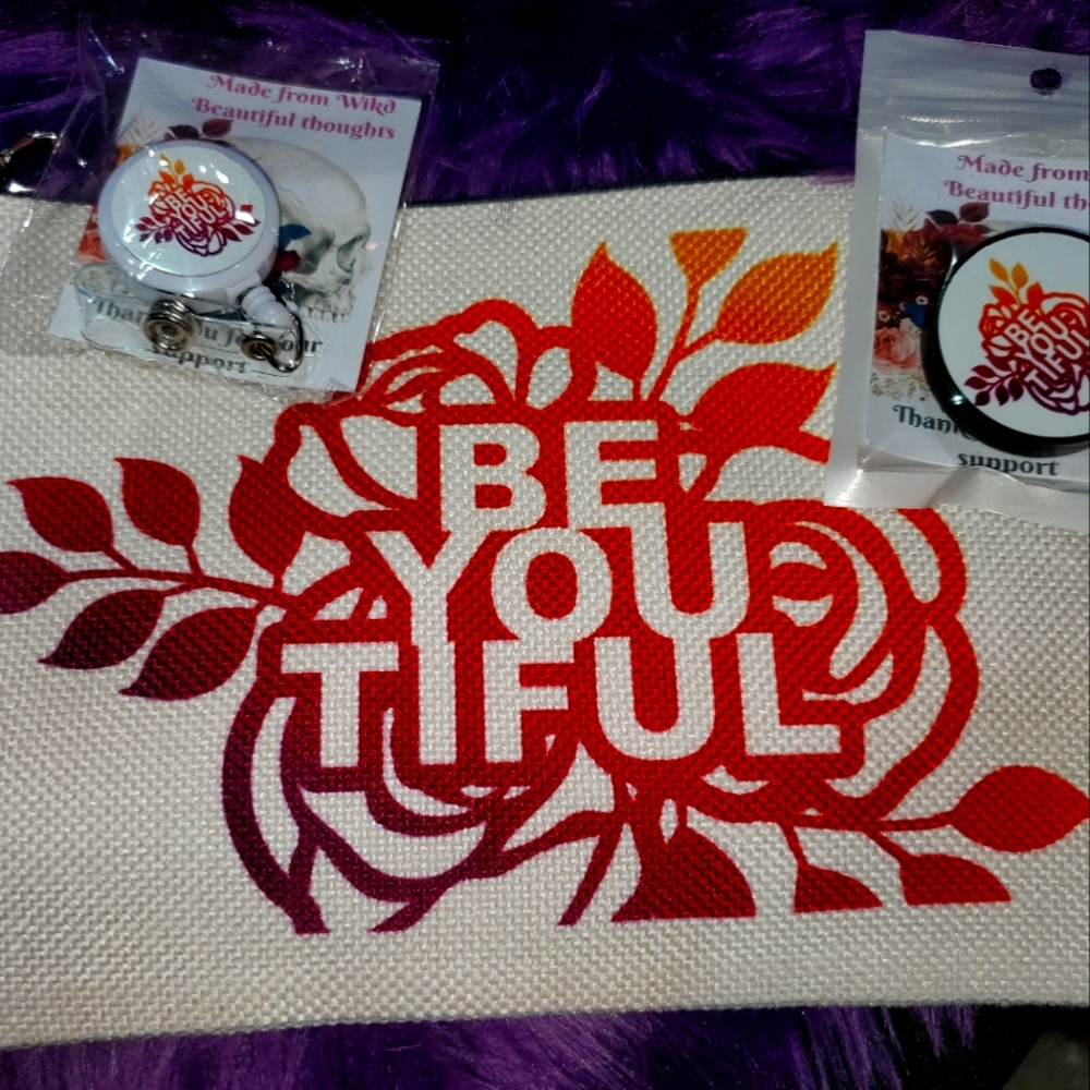 CUSTOM MADE Makeup bag, Phone grip and Badge Reel